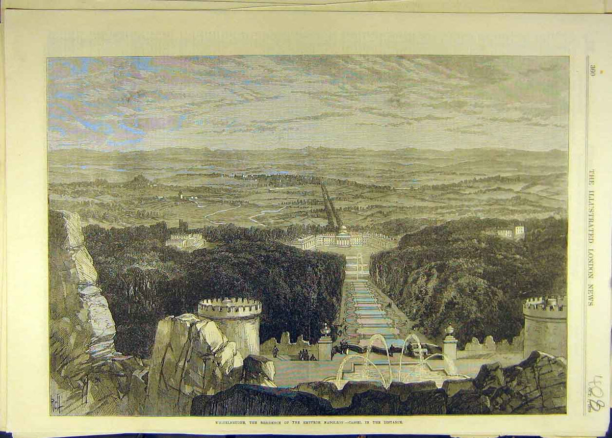 Original Old Antique Print 1870 Wilhelmshore Emperor Napoleon Cassel Landscape