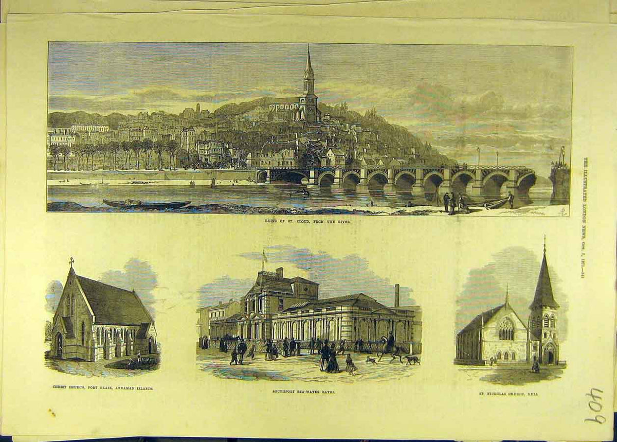 Original Old Antique Print 1871 Ruins St. Cloud Christ-Church Andaman Hull Baths