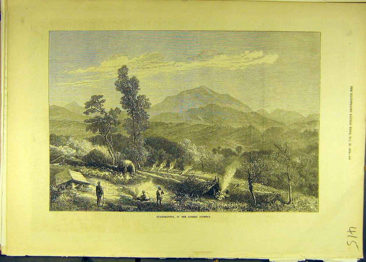 Original Old Antique Print 1872 Changmaunna Looshai Country Landscape Victorian