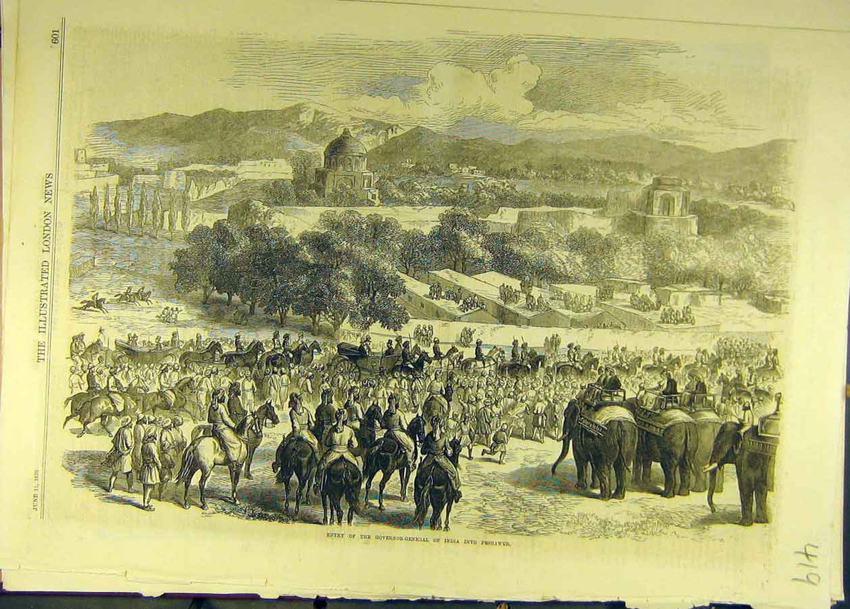 Original Old Antique Print 1870 Governor-General India Peshawur Procession 19th