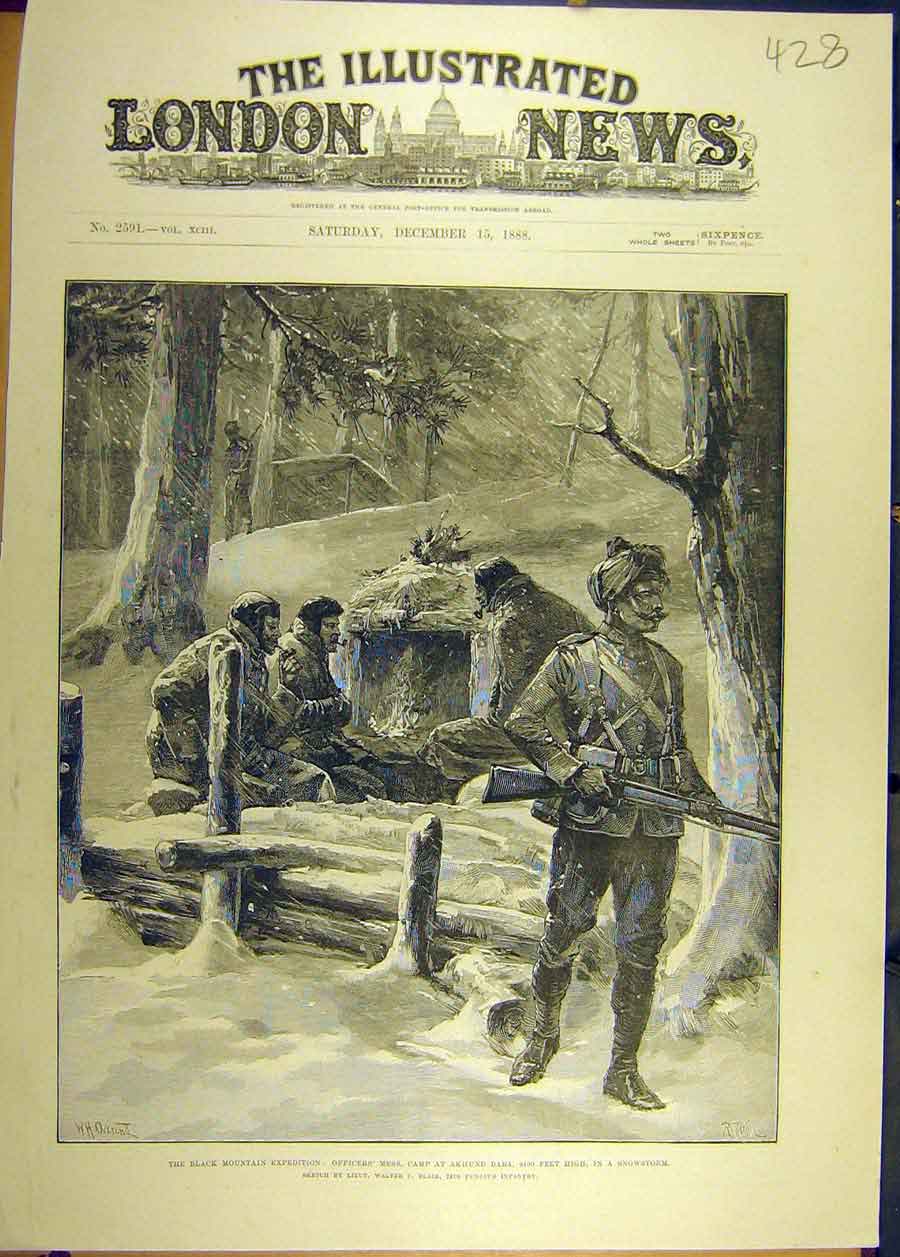 Original Old Antique Print 1888 Black-Mountain Expedition Officers Akhund Baba