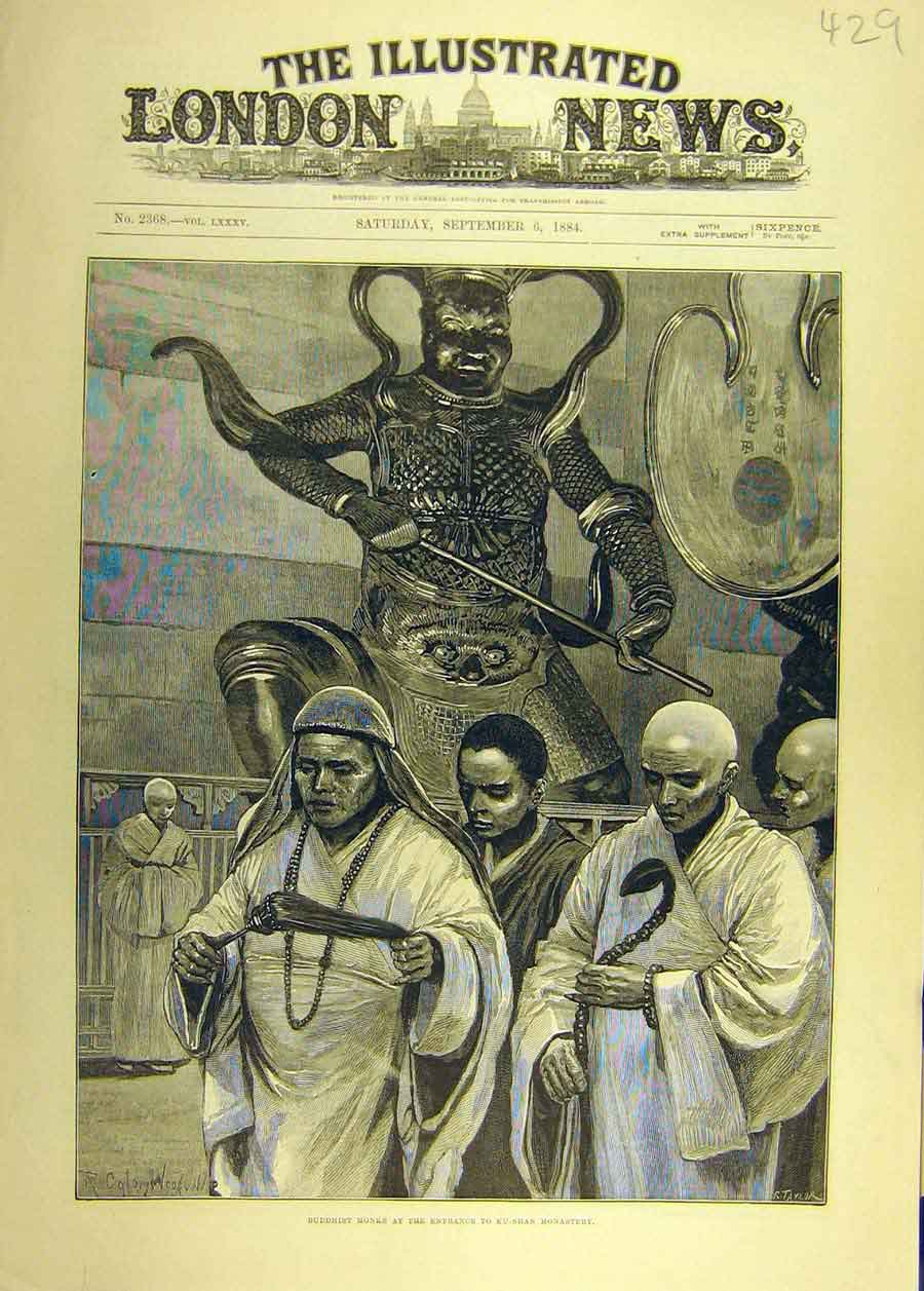 Original Old Antique Print 1884 Buddhist Monks Ku-Shan Monastery Social History