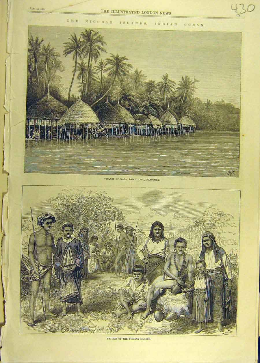 Original Old Antique Print 1870 Nicobar Islands Indian Ocean Mala Mayo Nicobar