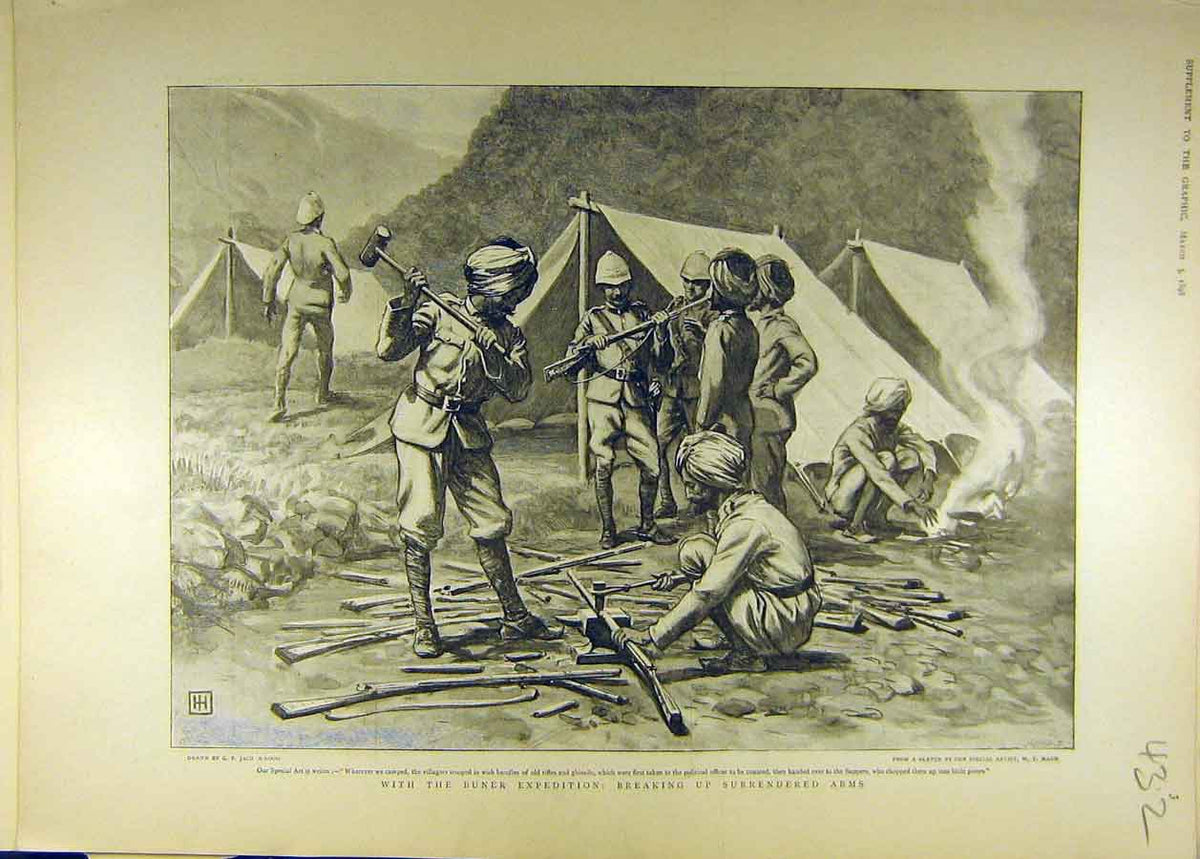 Original Old Antique Print 1898 Buner Expedition Surrendered Arms Guns Rifles