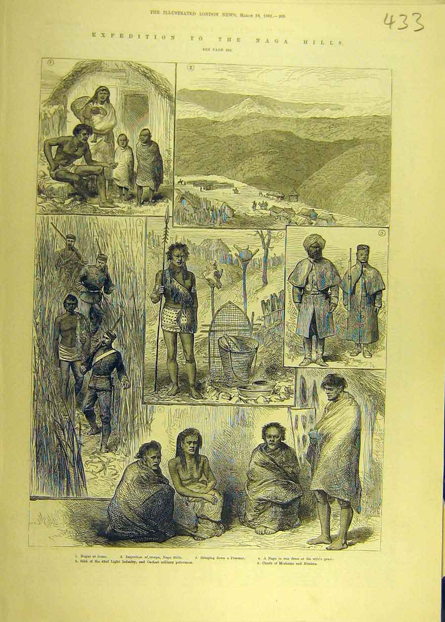 Old Antique Print 1882 Expedition Naga Hills Sikh Cachari Military Troops 19th