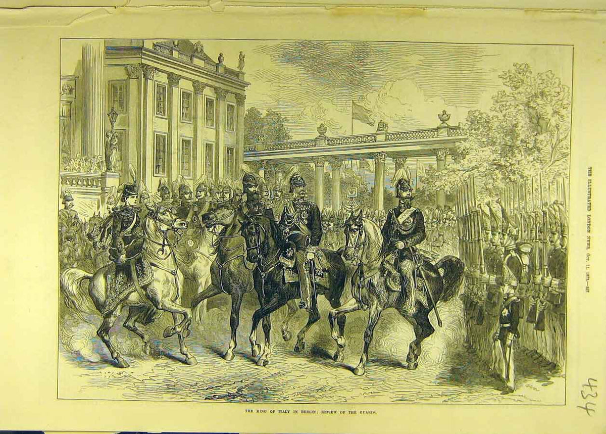 Original Old Antique Print 1873 King Italy Berlin Review Guard Military 19th