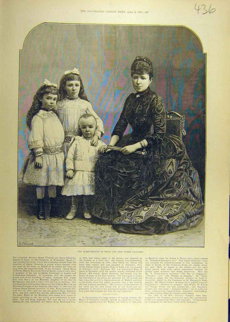Original Old Antique Print 1889 Queen-Regent Spain Three-Children Portrait 19th
