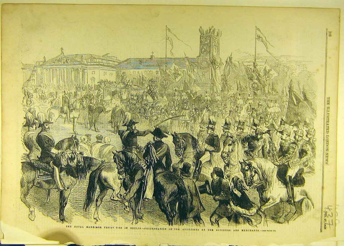 Old Antique Print 1858 Royal Marriage Fesitivity Berlin Butchers Merchant 19th