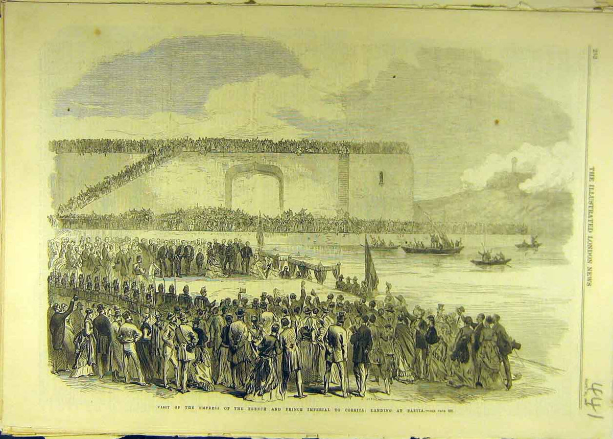 Original Old Antique Print 1869 Empress French Prince Imperial Corsica Bastia