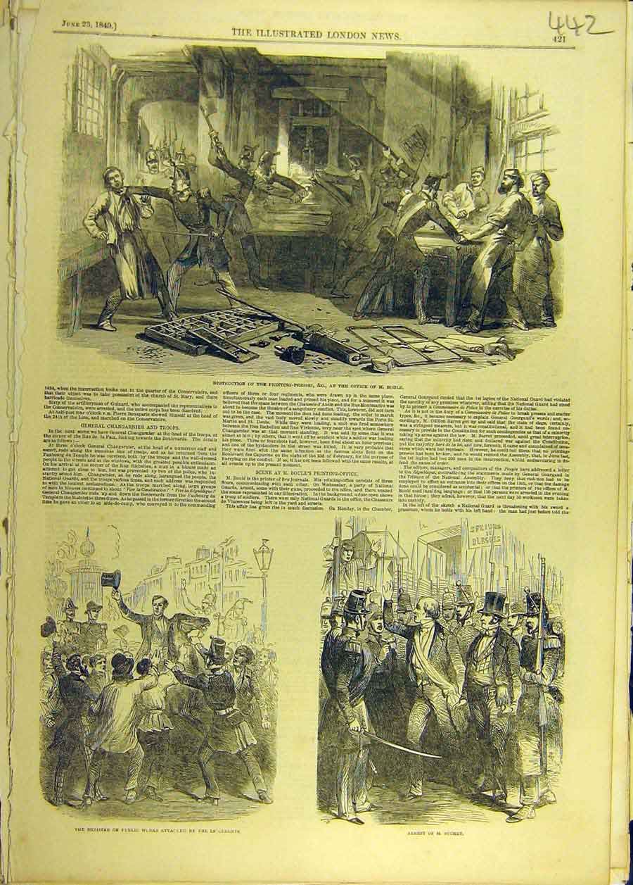 Original Old Antique Print 1849 Ing-Press Boule Office Suchet Insurgents 19th