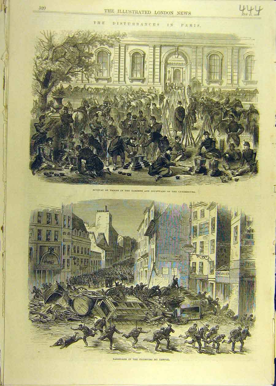 Old Antique Print 1870 Bivouac Troops Luxembourg Faubourg Temple Barricad 19th