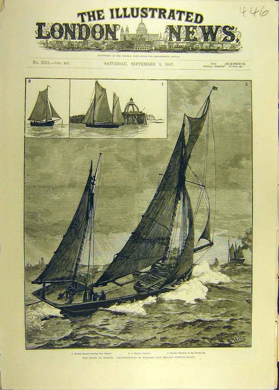 Old Antique Print 1887 Riots Ostend Englich Belgian Fishing-Boats Trawler 19th