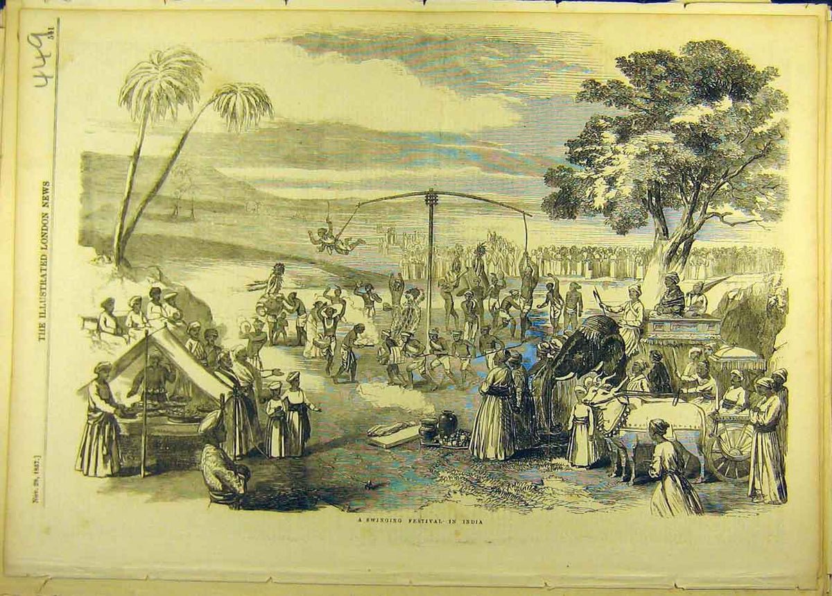 Original Old Antique Print 1857 Swinging Festival India Indian Social History