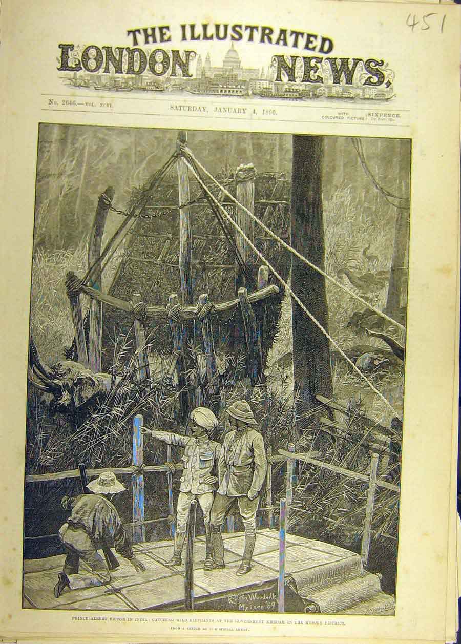Old Antique Print 1890 Prince Albert Victor India Elephants Khedah Mysore 19th