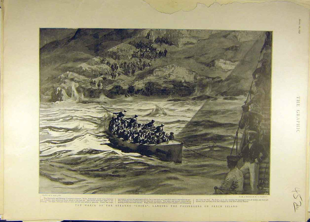 Original Old Antique Print 1898 Wreck Steamer China Passengers Perim Island 19th
