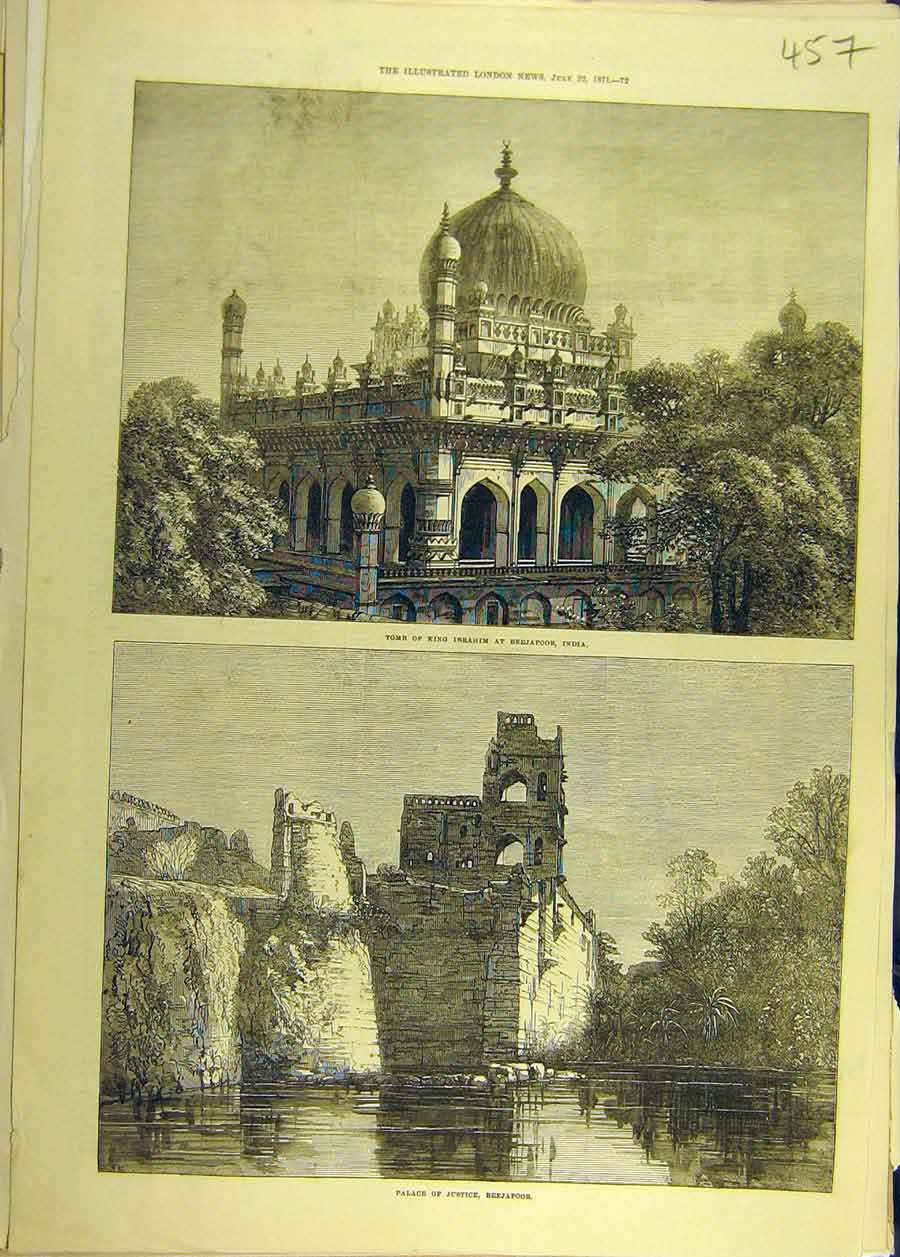 Original Old Antique Print 1871 Tomb King Ibrahim Beejapoor India Palace Justice