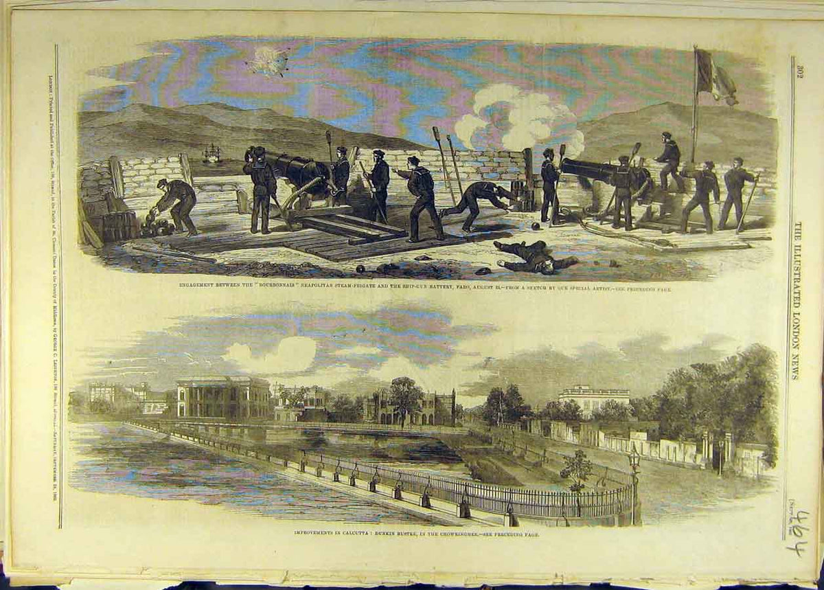 Original Old Antique Print 1860 Calcutta Dunkin Bustee Faro Bourbonnais Military
