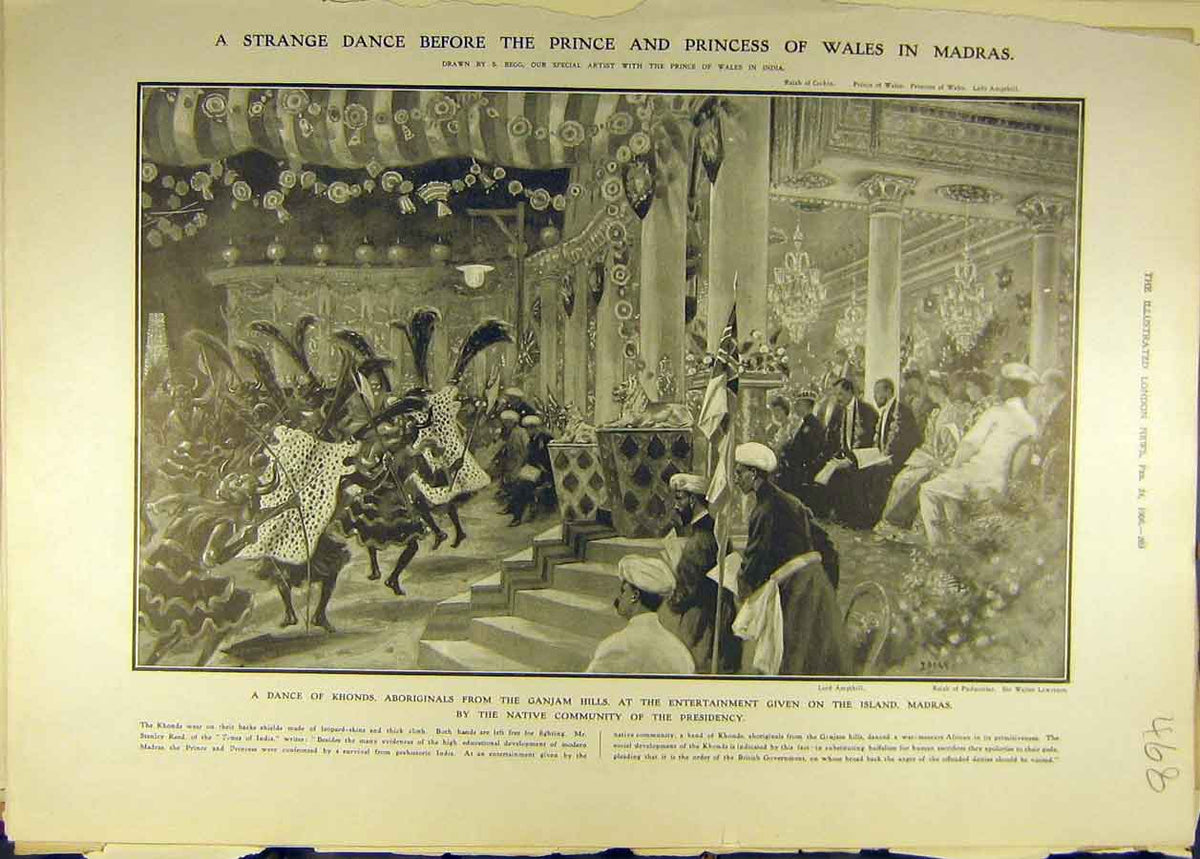 Original Old Antique Print 1906 Prince Princess Wales Madras Dance Khonds 20th