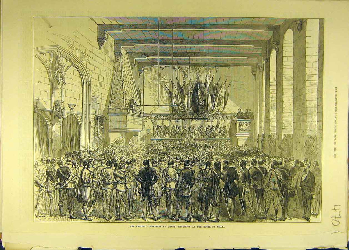 Old Antique Print 1872 English Volunteers Ghent Hotel-De-Ville Reception 19th