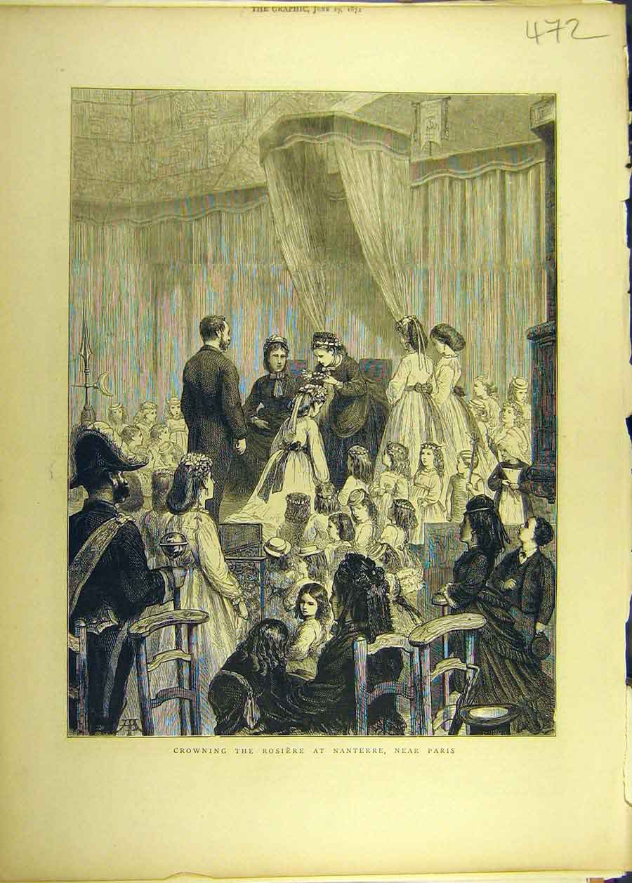 Old Antique Print 1872 Rosiere Crown Nanterre Paris French Social History 19th
