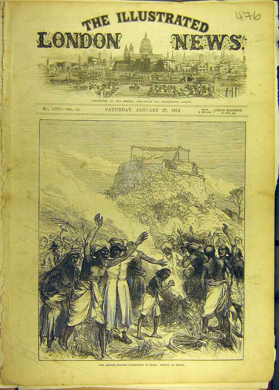 Original Old Antique Print 1872 British Eclipse Expedition India Bekul Sketch
