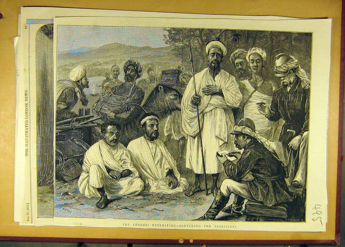 Original Old Antique Print Looshai Expedition Sketches Aborigines Social History
