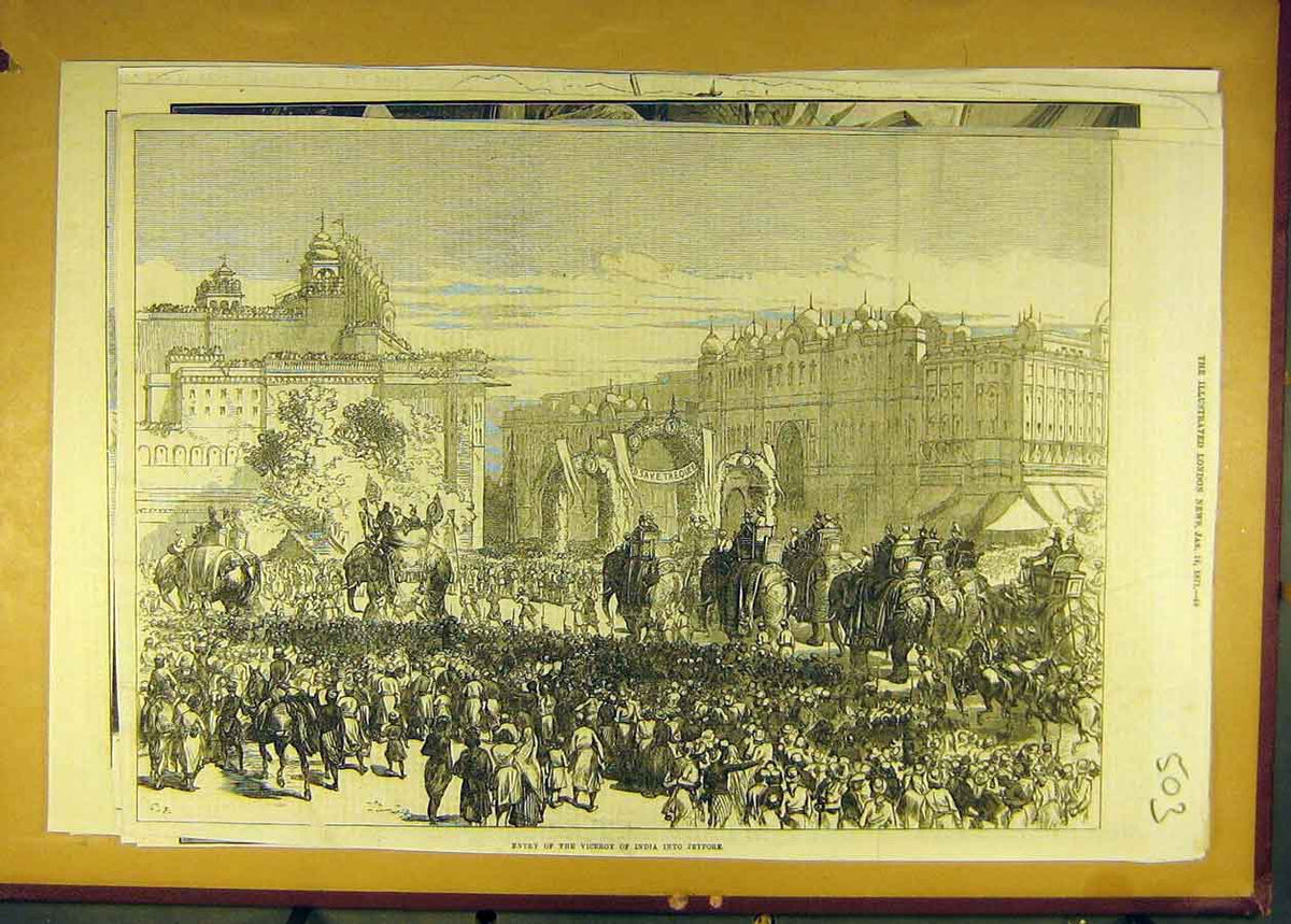 Original Old Antique Print 1871 Viceroy India Jeypore Procession Elephants 19th