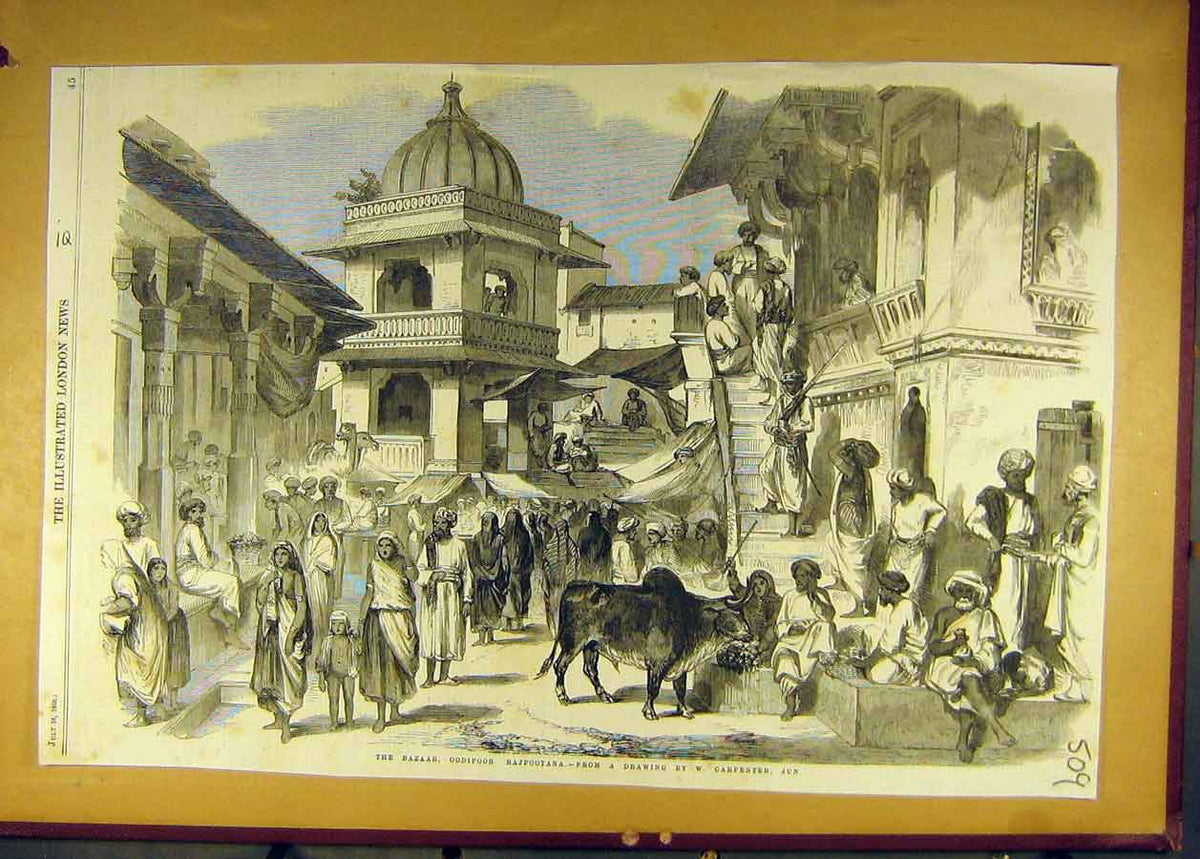 Original Old Antique Print 1858 Bazaar Oodipoor Rajpootana Carpenter India 19th