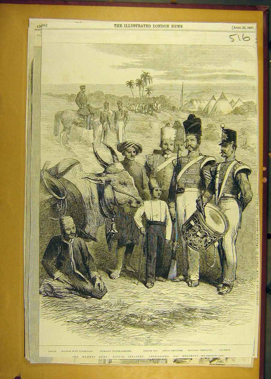 Old Antique Print 1857 Madras Army Infantry Grenadiers Regiment Military 19th