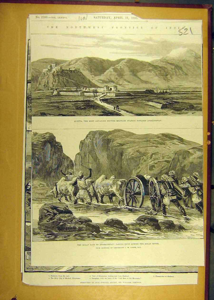 Original Old Antique Print 1885 India Afghanistan Bolan Pass River Guns Quetta