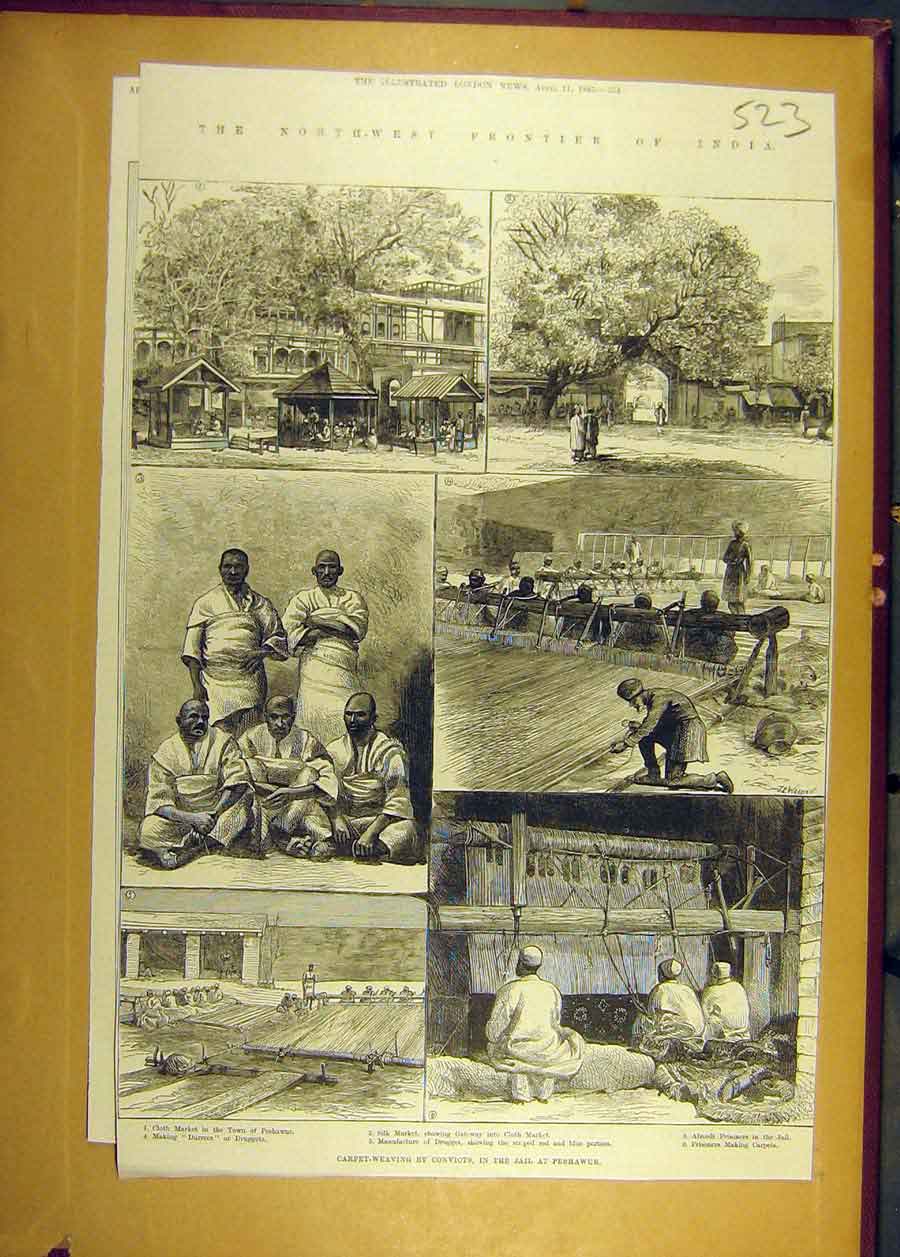 Original Old Antique Print 1885 India Scenes Carpet-Weaving Jail Peshawur 19th