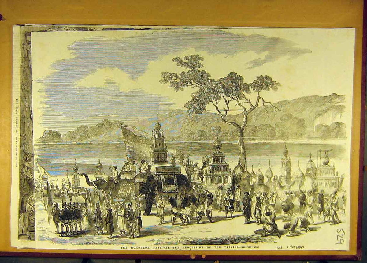 Original Old Antique Print 1857 Mohurrum Festival Procession Tazzies Victorian