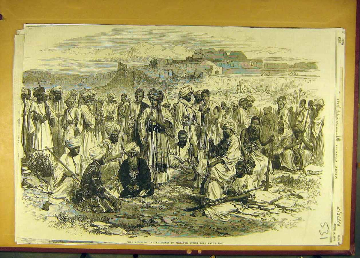 Old Antique Print 1870 Wild Afreedees Khyderees Peshawur Lord-Mayo Visit 19th