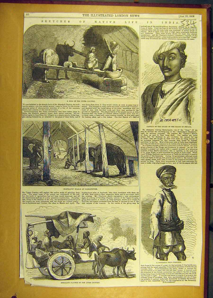 Old Antique Print 1858 Sketches Life India Barrackpore Mill Captain Guard 19th