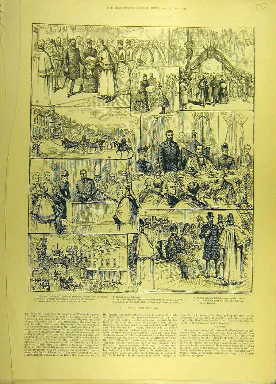 Old Antique Print 1884 Royal Visit Hull Infirmary Duke Duchess Edinburgh 19th