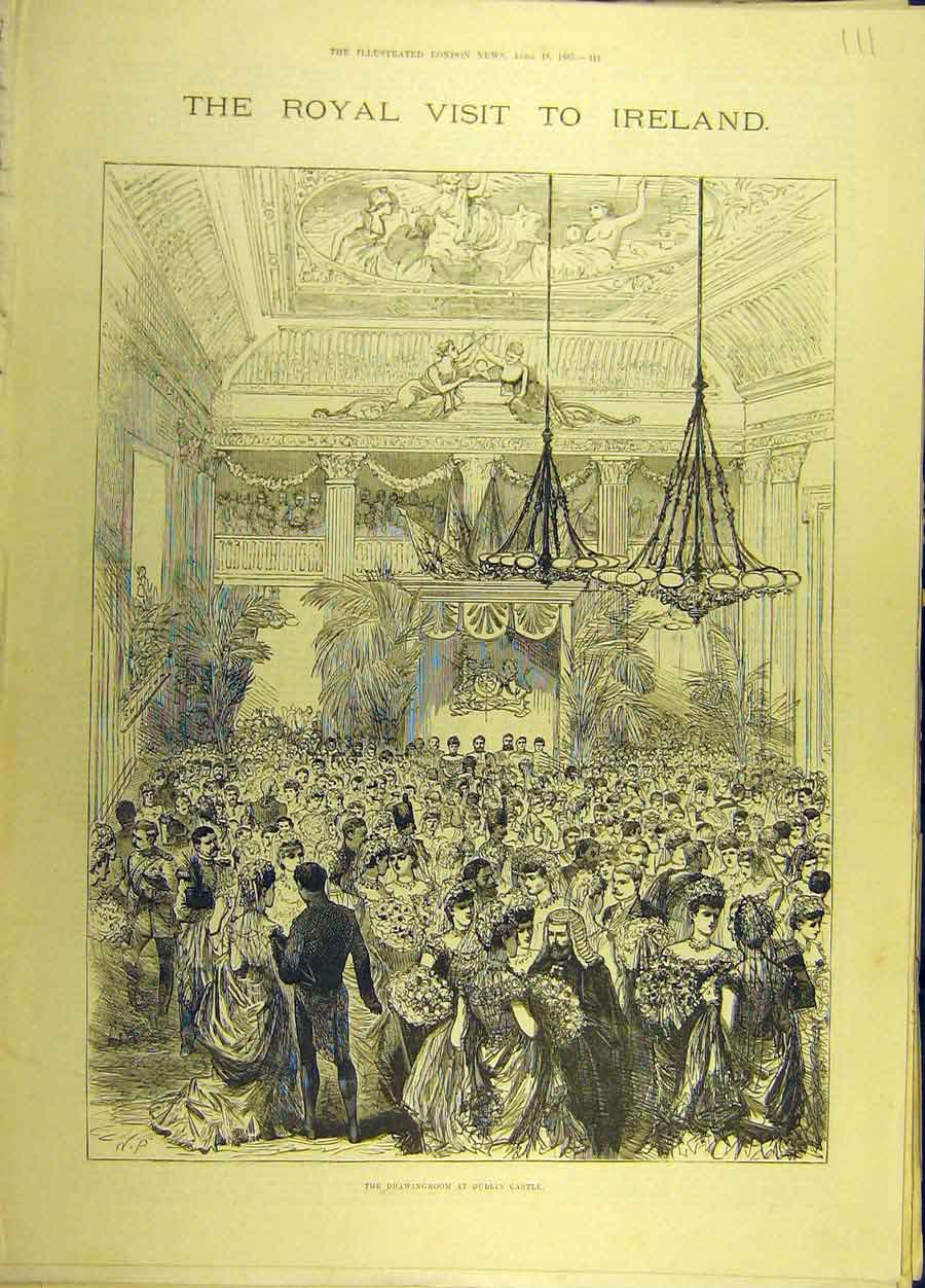 Original Old Antique Print 1885 Royal Visit Ireland Dublin Castle Irish Sketch