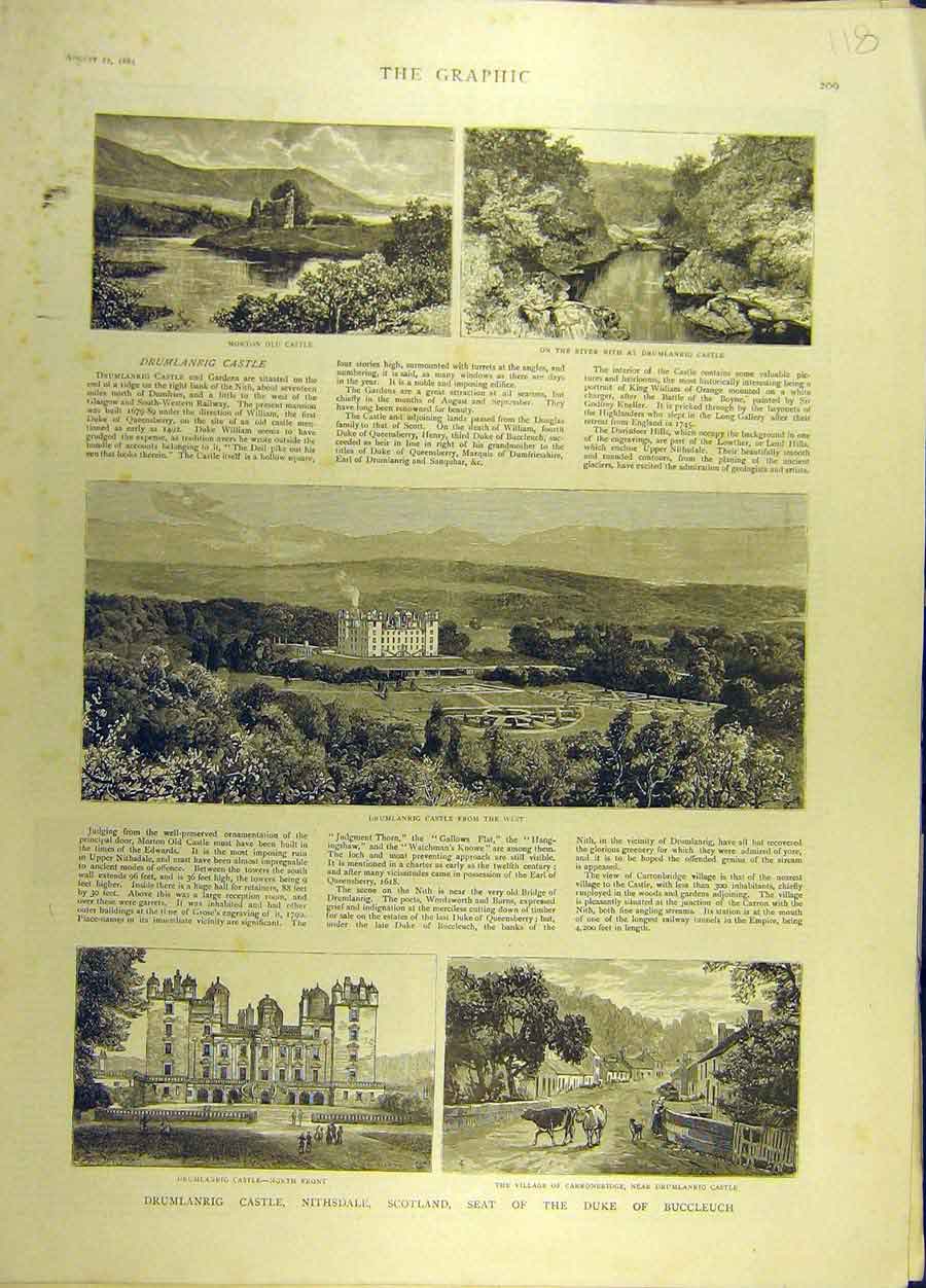 Original Old Antique Print 1885 Drumlanrig Castle Nithsdale Scotland Buccleuch
