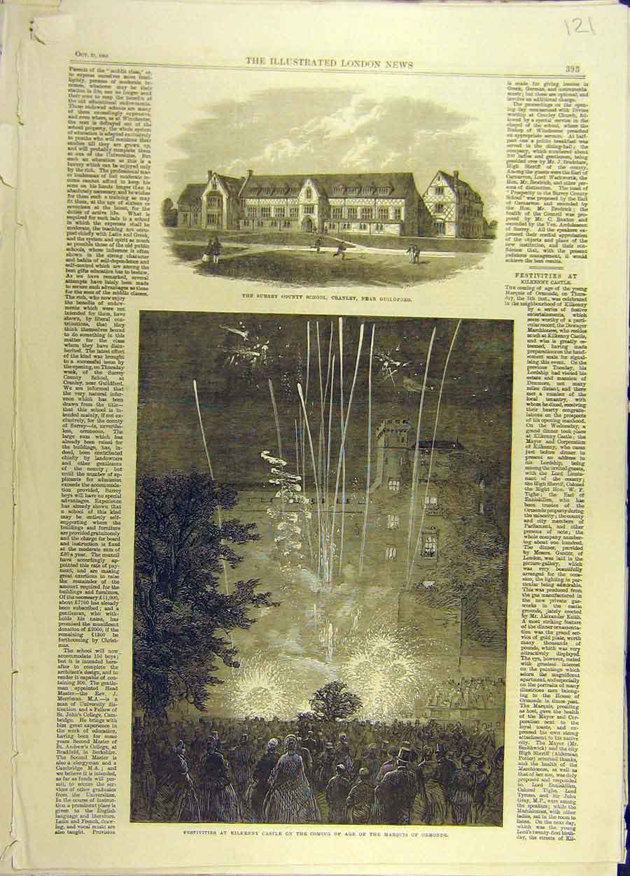 Original Old Antique Print 1865 Surrey County-School Guildford Kilkenny Castle