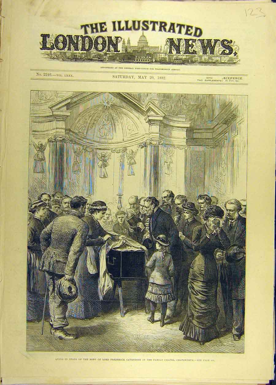 Original Old Antique Print 1882 Cavendish Funeral Chapel Chatsworth Victorian