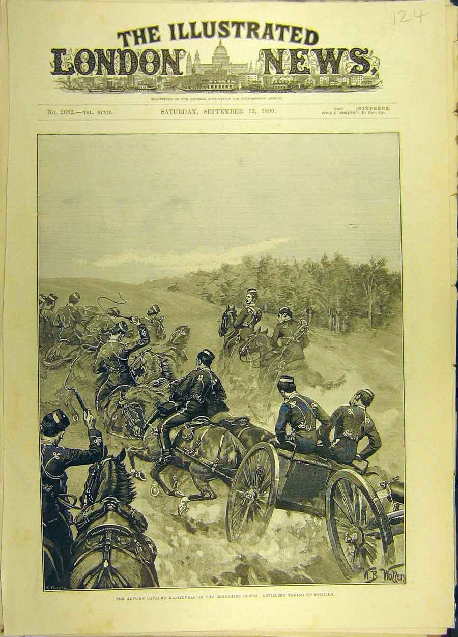 Original Old Antique Print 1890 Autumn Cavalry Manoeuvres Berkshire Artillery