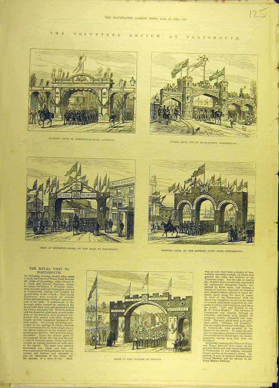 Original Old Antique Print 1882 Volunteer Review Portsmouth Arch Cosham 19th