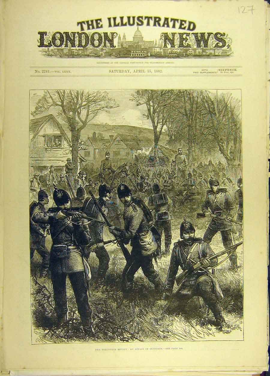 Original Old Antique Print 1882 Volunteer Review Affair-Outposts Military 19th