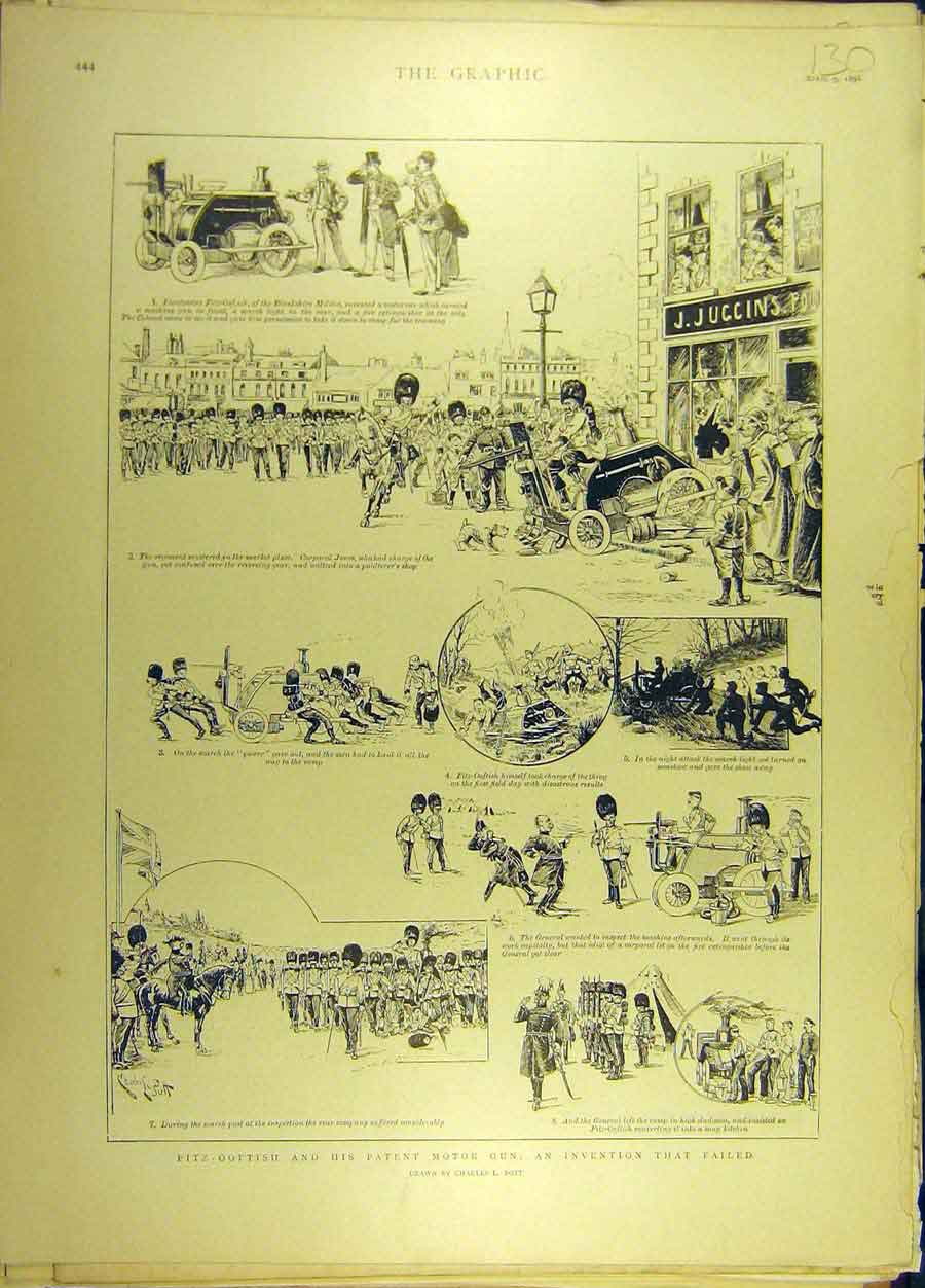 Original Old Antique Print 1898 Fitz-Ooftish Patent Motor-Gun Pott Sketches 19th