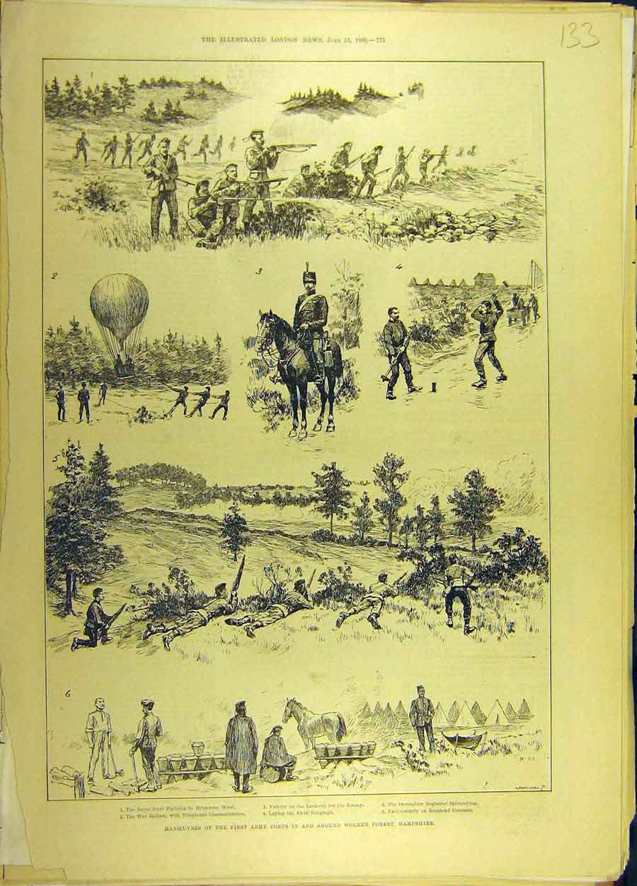 Original Old Antique Print 1890 Manoeuvres Army Corps Wolmer Forest Hampshire