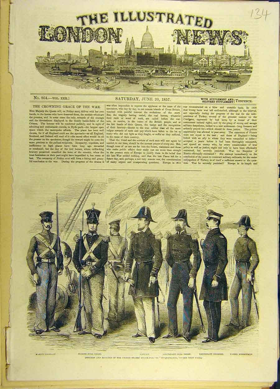 Original Old Antique Print 1857 United-States Steam-Frigate Susquehanna Officers