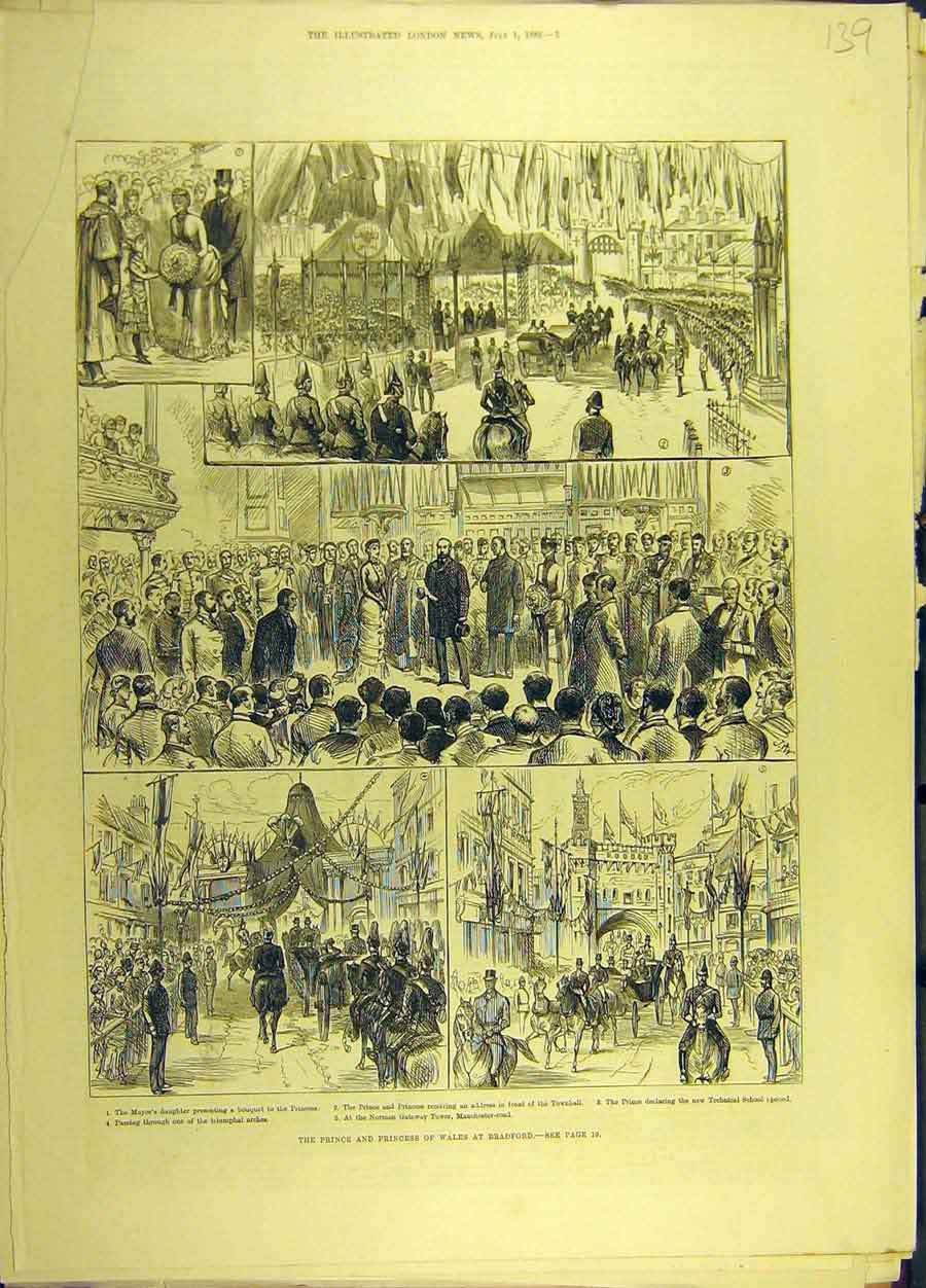 Original Old Antique Print 1882 Prince Princess Wales Bradford Sketches 19th