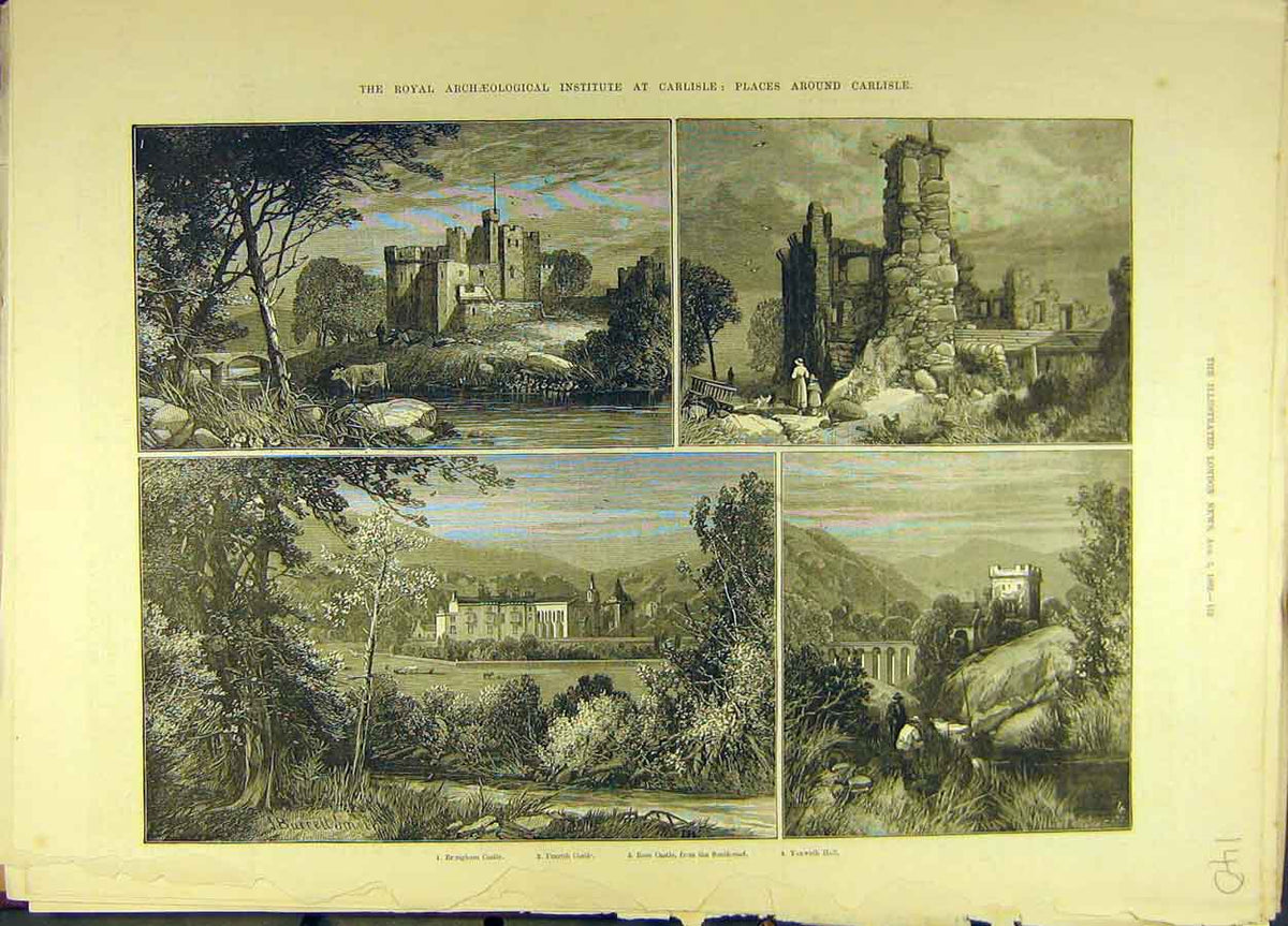 Original Old Antique Print 1882 Carlisle Brougham Castle Penrith Rose Yanwath
