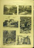Original Old Antique Print 1882 Sketches Teeside Rokeby Eglistone Abbey Brignal