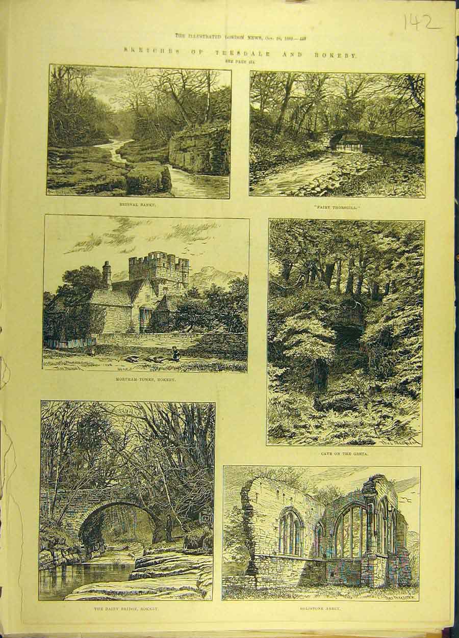 Original Old Antique Print 1882 Sketches Teeside Rokeby Eglistone Abbey Brignal