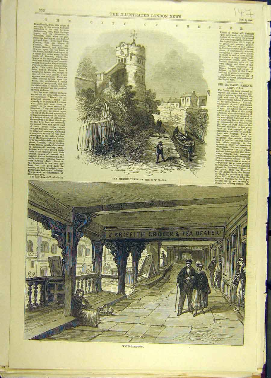 Original Old Antique Print *0006 1869 City Chester Phoenix Tower Watergate-Row